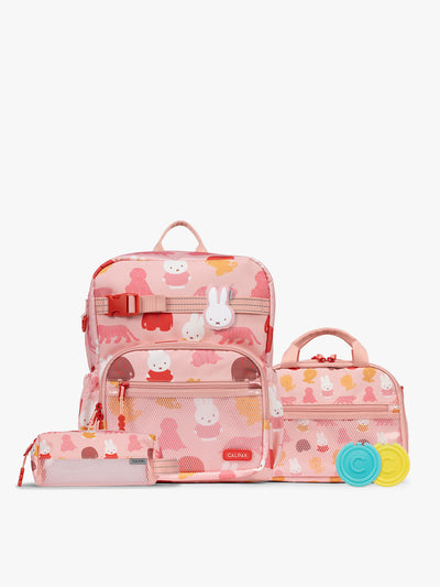 Colorful CALPAK + Miffy Kids Essentials Set with children's Medium backpack, lunch bag , pencil case set on a white background with pink accents and Miffy with other animals; BCKM5000-MIFFY-PINK-ZOO-TRIP