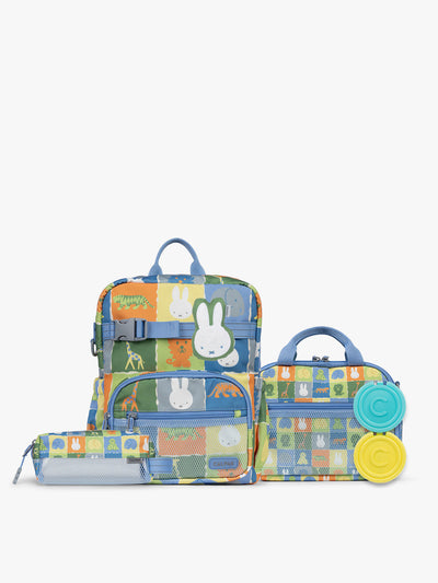 Colorful CALPAK + Miffy Kids Essentials Set with children's Small backpack, lunch bag , pencil case set on a white background with blue accents and Miffy with other animals; BCKS5000-MIFFY-BLUE-ZOO-TRIP