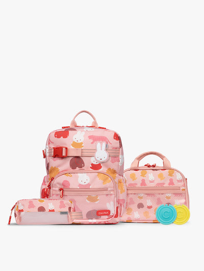 Colorful CALPAK + Miffy Kids Essentials Set with children's Small backpack, lunch bag , pencil case set on a white background with pink accents and Miffy with other animals; BCKS5000-MIFFY-PINK-ZOO-TRIP