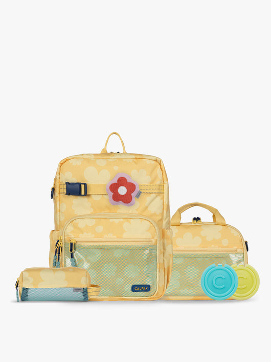 CALPAK Kids Collection Medium Kids Backpack Bundle in yellow flower print Yellow Bloom that includes Kids Lunch Bag, Kids Pencil Case, red and pink Flower Pluffy Bag Charm, and Set of 2 Ice Packs; BCKM5000-YELLOW-BLOOM