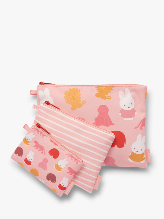 Set of pink and white colorful children's pouches with Miffy and animal patterns for the CALPAK Compakt Zip Pouch Set on a white background; KZB2001-MIFFY-PINK-ZOO-TRIP