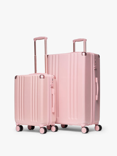 CALPAK 2pc Ambeur Luggage Set featuring the Ambeur Carry-On Luggage and Ambeur Large Luggage in metallic pink Blossom with pink wheels;  LAM2000-BLOSSOM