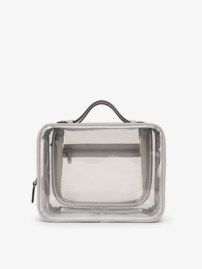 CALPAK Large clear makeup bag with zippered compartments in cool grey; CCC2001-COOL-GREY