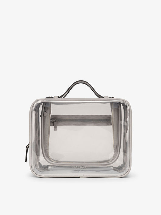 CALPAK Large clear makeup bag with zippered compartments in cool grey; CCC2001-COOL-GREY