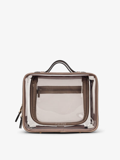 CALPAK Large clear makeup bag with zippered compartments in metallic bronze; CCC2001-BRONZE