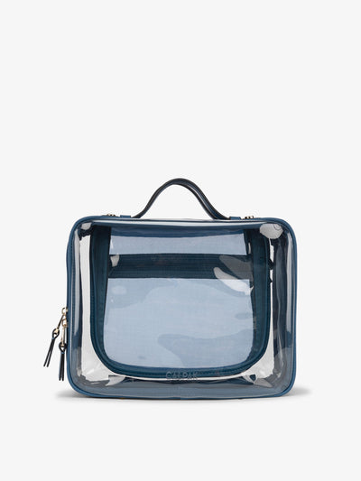 CALPAK Large clear makeup bag with zippered compartments in dark blue; CCC2001-DEEP-SEA