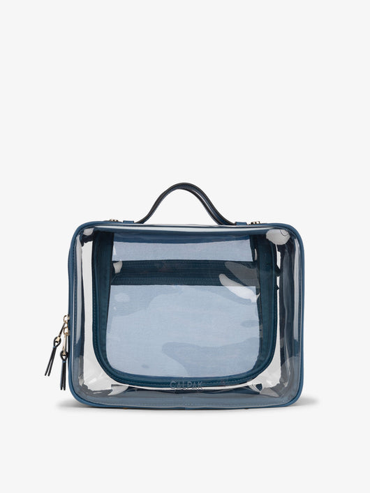 CALPAK Large clear makeup bag with zippered compartments in dark blue; CCC2001-DEEP-SEA