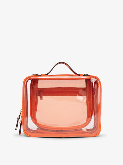 CALPAK Large clear makeup bag with zippered compartments in papaya; CCC2001-PAPAYA
