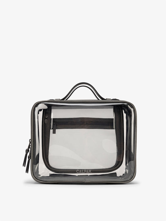 CALPAK Large clear makeup bag with zippered compartments in metallic steel; CCC2001-STEEL