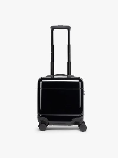 CALPAK Glazed Black Hue Mini Carry On suitcase with a black handle on a white background; LHU1014-GLAZED-BLACK