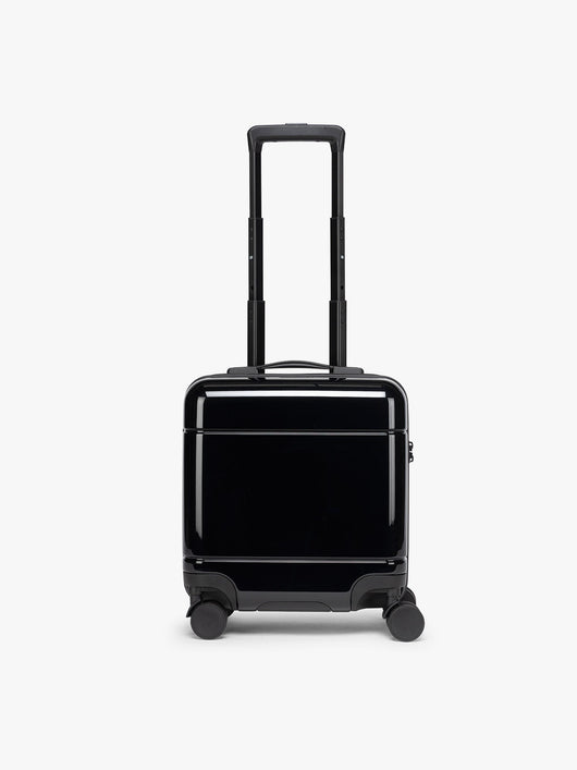 CALPAK Glazed Black Hue Mini Carry On suitcase with a black handle on a white background; LHU1014-GLAZED-BLACK
