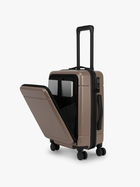 CALPAK Hue Front Pocket Carry On Luggage in brown Chocolate; LHU1020-CHOCOLATE