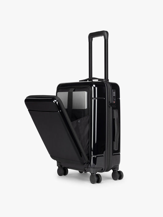 CALPAK Hue Front Pocket Carry On Luggage in Glazed Black; LHU1020-GLAZED-BLACK