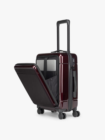 CALPAK Hue Front Pocket Carry On Luggage in maroon Glazed Dark Cherry ; LHU1020-GLAZED-DARK-CHERRY