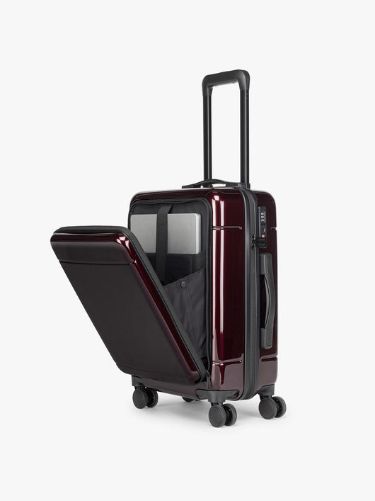 CALPAK Hue Front Pocket Carry On Luggage in maroon Glazed Dark Cherry ; LHU1020-GLAZED-DARK-CHERRY