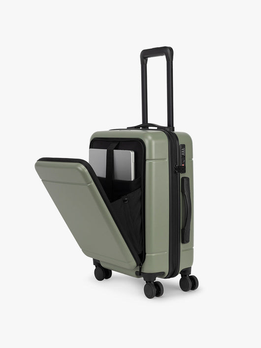 CALPAK Hue Front Pocket Carry On Luggage in green Juniper; LHU1020-JUNIPER