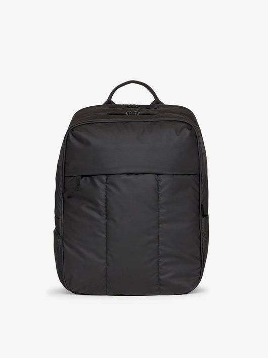 CALPAK Luka 17 inch Laptop Backpack featuring soft, puffy exterior and water resistant lining in matte black; BPX2301-MATTE-BLACK