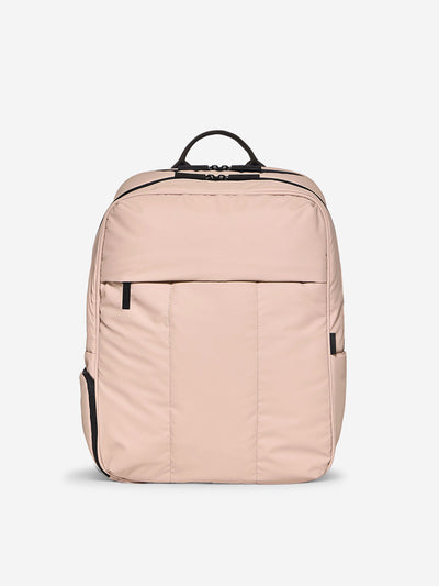 CALPAK Luka 17 inch Laptop Backpack featuring soft, puffy exterior and water resistant lining in rose quartz; BPX2301-ROSE-QUARTZ