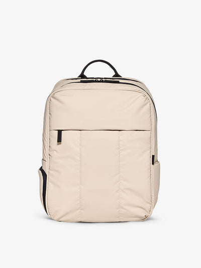 CALPAK Luka 17 inch Laptop Backpack featuring soft, puffy exterior and water resistant lining in oatmeal; BPX2301-OATMEAL