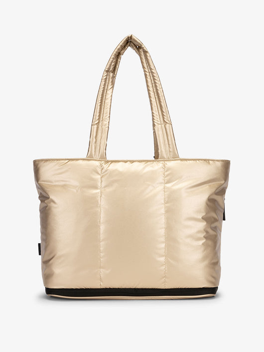 CALPAK Luka expandable tote bag with laptop compartment and padded straps in gold; ALT2201-GOLD