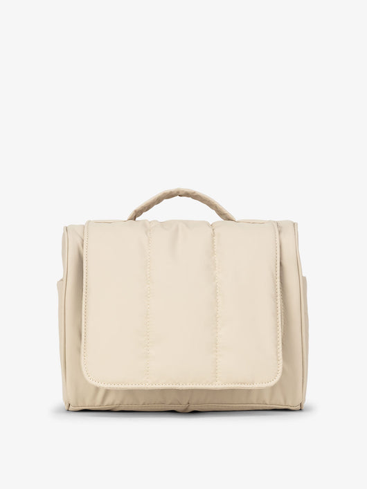 CALPAK Luka Hanging Toiletry Bag with carrying handle in beige oatmeal; TLH2301-OATMEAL