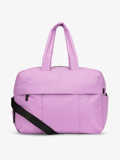 CALPAK Luka large duffle bag with detachable strap and zippered front pocket in lavender lilac; DLL2201-LILAC
