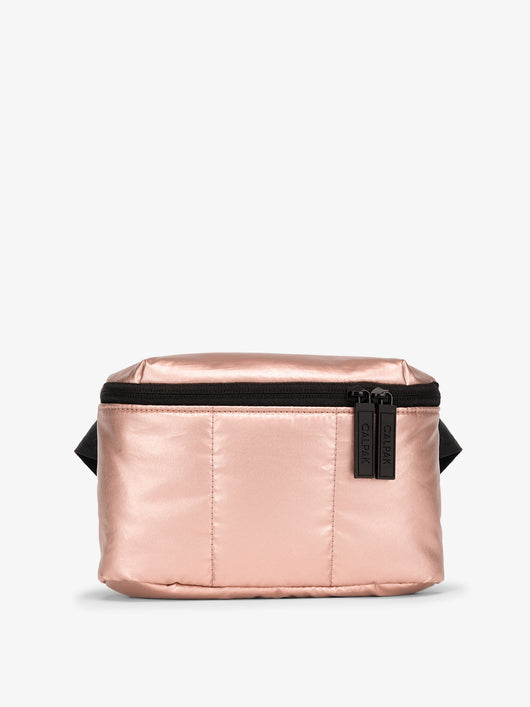 CALPAK Luka Mini Belt Bag with soft puffy exterior in metallic rose gold; BBM2201-ROSE-GOLD