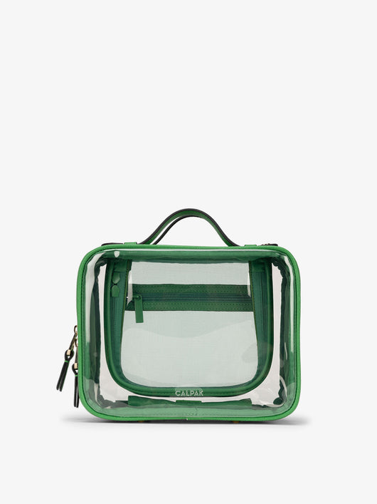 CALPAK Medium clear makeup bag with compartments in green apple; CMM2201-GREEN-APPLE