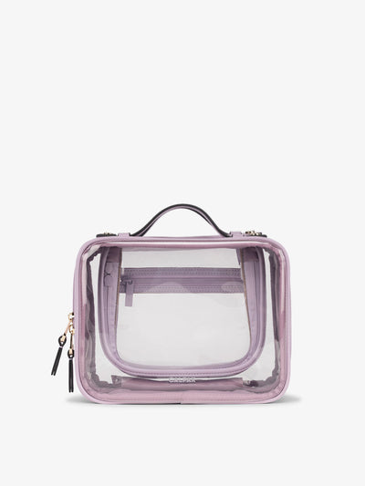 CALPAK Clear makeup bag with zippered compartments in lavender; CMM2201-LAVENDER