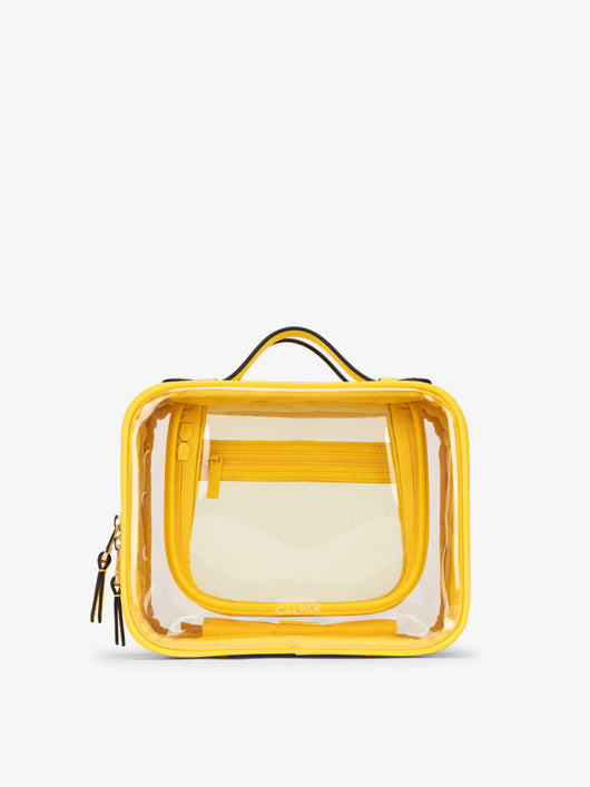 CALPAK Medium clear makeup bag with compartments in lemon yellow; CMM2201-LEMON