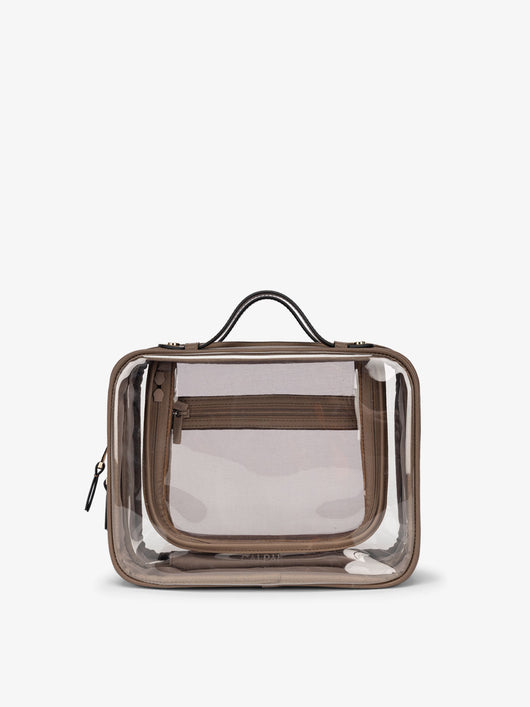CALPAK Clear makeup bag with zippered compartments in mocha brown; CMM2201-MOCHA