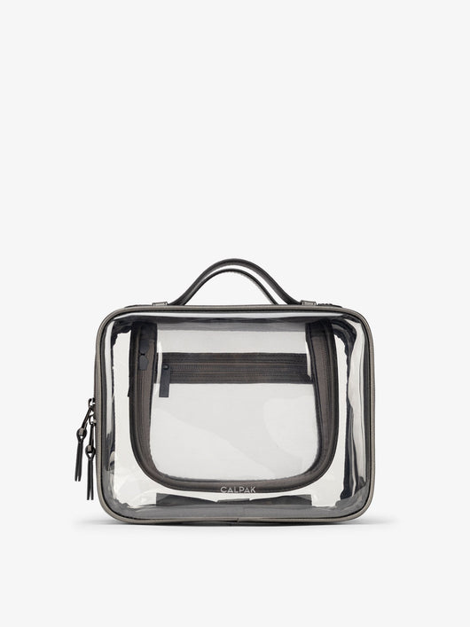 CALPAK Medium clear makeup bag with compartments in metallic steel; CMM2201-STEEL