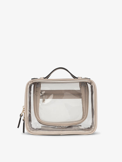 CALPAK Medium clear makeup bag with zippered compartments in stone; CMM2201-STONE