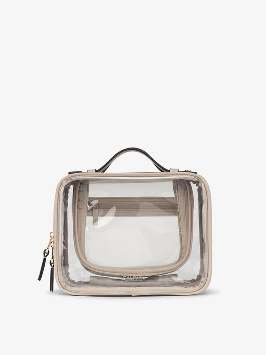 CALPAK Medium clear makeup bag with zippered compartments in stone; CMM2201-STONE
