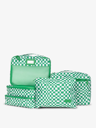 CALPAK 5 piece set packing cubes for travel with labels and top handles in green checkerboard; PC1601-GREEN-CHECKERBOARD