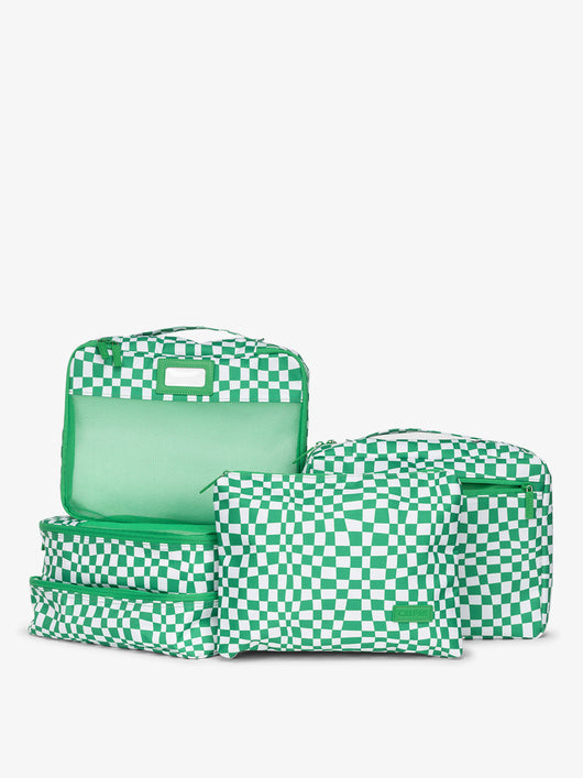 CALPAK 5 piece set packing cubes for travel with labels and top handles in green checkerboard; PC1601-GREEN-CHECKERBOARD