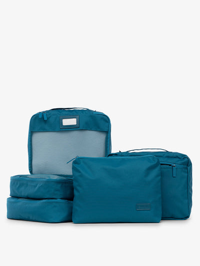 CALPAK 5 piece set packing cubes for travel with labels and top handles in lagoon; PC1601-LAGOON