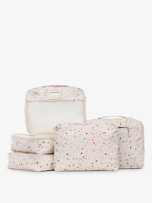 CALPAK 5 piece set packing cubes for travel with labels and top handles in speckle; PC1601-SPECKLE
