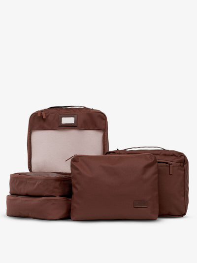CALPAK 5 piece set packing cubes for travel with labels and top handles in brown walnut; PC1601-WALNUT