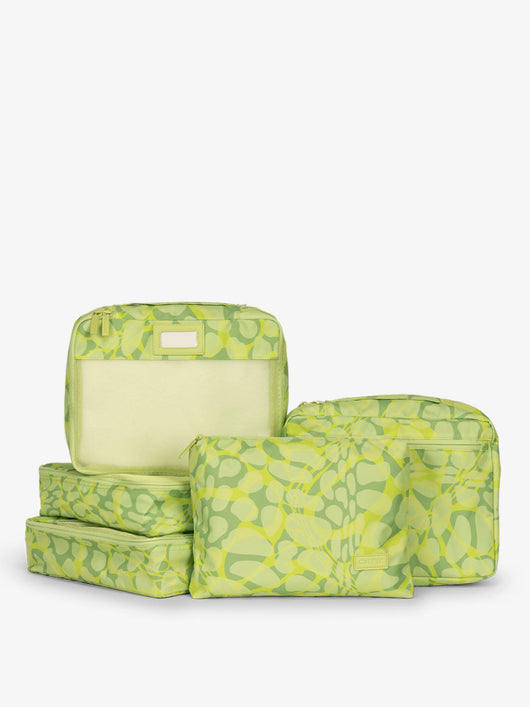 CALPAK 5 piece set packing cubes for travel with labels and top handles in lime green print; PC1601-LIME-VIPER