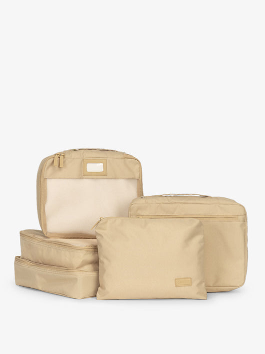 CALPAK 5 piece set packing cubes for travel with labels and top handles in beige; PC1601-OATMEAL