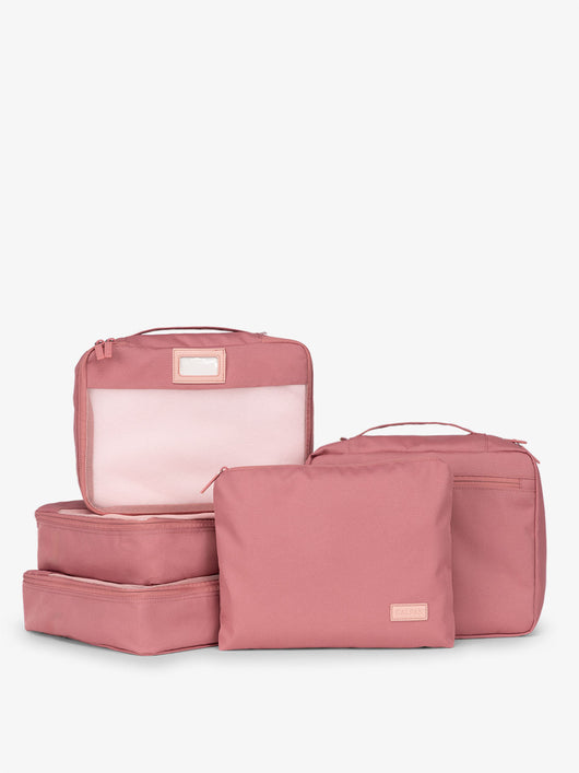 CALPAK 5 piece set packing cubes for travel with labels and top handles in tea rose; PC1601-TEA-ROSE