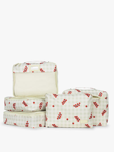 CALPAK 5pc Packing Cubes Set in white and green gingham pattern with tomato print; PC1601-CELADON-TOMATO-PICNIC