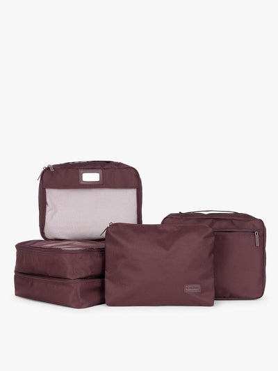 Burgundy Dark Cherry CALPAK 5-piece travel packing cubes set which includes three mesh cubes, a flat cube, and a zippered organizer, displayed on a clean white background; PC1601-DARK-CHERRY