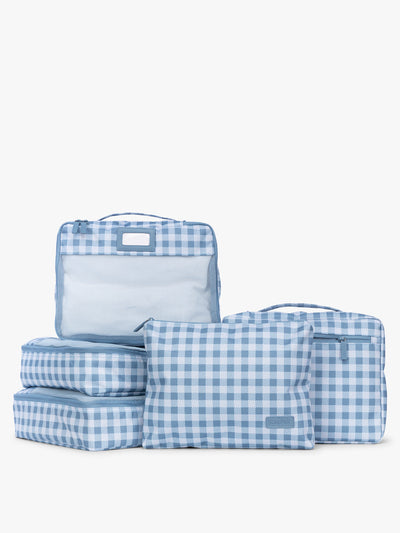 CALPAK Packing Cubes 5-piece Set in white and blue gingham print in French Blue Gingham; PC1601-FRENCH-BLUE-GINGHAM