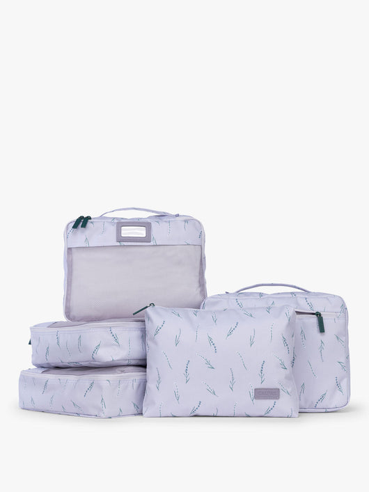 CALPAK Packing Cubes 5-piece Set in light purple with lavender print in Lavender Bloom; PC1601-LAVENDER-BLOOM