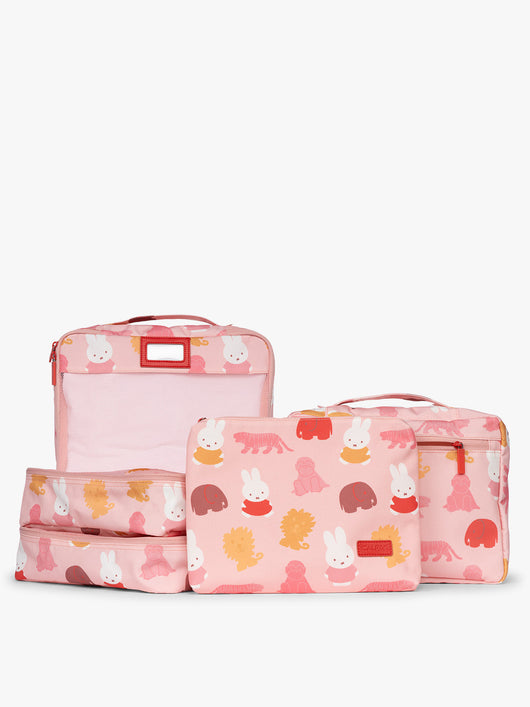 Set of CALPAK Packing Cubes in colorful pink pouches with Miffy and animal pattern on a white background; PC1601-MIFFY-PINK-ZOO-TRIP