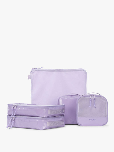 CALPAK Terra 5-Piece Packing Cube Set in lavender Amethyst with two small cubes, two medium cubes, and one large mesh cube with zippers and mesh; PCT2601-AMETHYST
