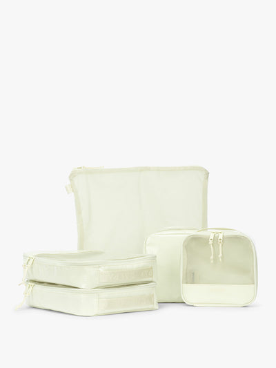 CALPAK Terra 5-Piece Packing Cube Set in light green Celadon with two small cubes, two medium cubes, and one large mesh cube with zippers and mesh; PCT2601-CELADON