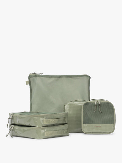 CALPAK Terra 5-Piece Packing Cube Set in olive green Juniper with two small cubes, two medium cubes, and one large mesh cube with zippers and mesh; PCT2601-JUNIPER